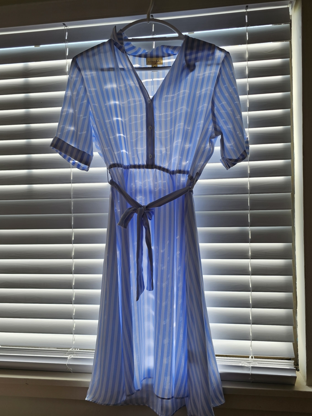 Light Blue Striped Tie-Waist Dress